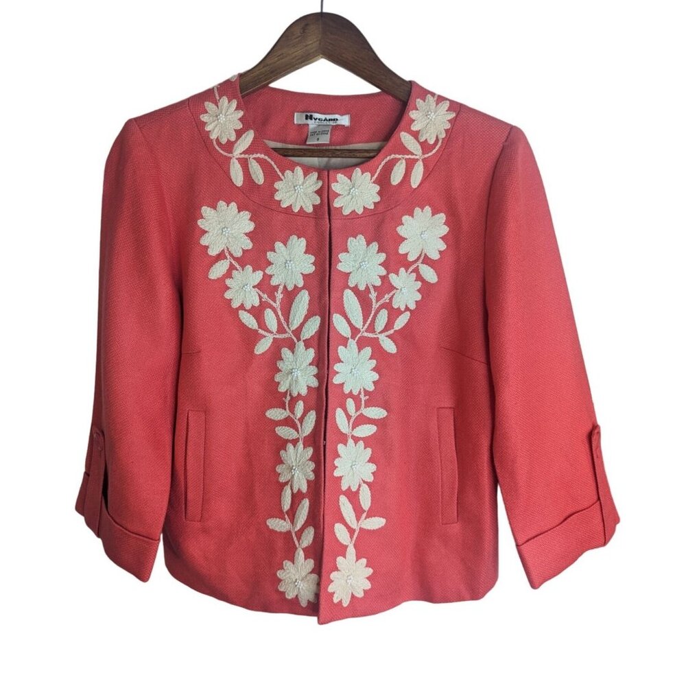 VTG Peter Nygard Orange Floral Embroidered Linen Blend Blazer Jacket Sz 8